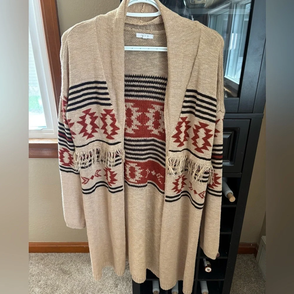 Maurices Geometric Aztec Western Tan Duster Cardigan with Fringe size Medium
